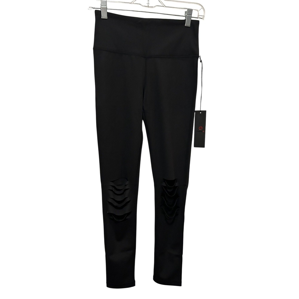 NWT Mono B Women Small Shredded Knee Leggings Black High Rise Athleisure APH6151